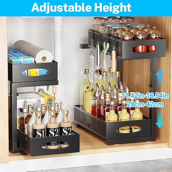 2 Pack Under Sink Organizer and Storage, 2 Tier Pull Out Sliding Cabinet Shelf, 5-Level Height Adjustable Thickened Carbon Steel Storage Rack for Kitchen Bathroom Cabinet, Black