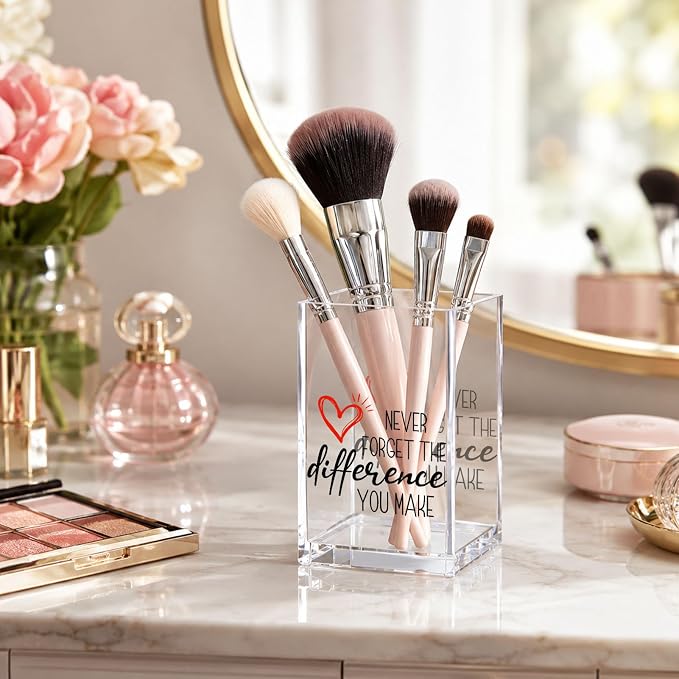 Acrylic Pen Holder Cup, “Never Forget the Difference You Make” Desk Decor, Inspirational Pencil Holder Organizer, Motivational Gift for Women Teacher Coworker