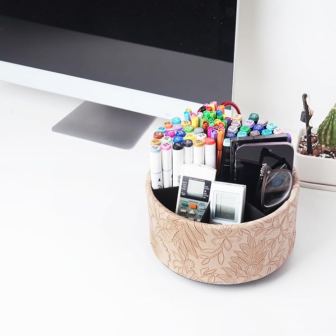 Remote Control Holder, 360°Spinning PU Leather Desk TV Remote Caddy,Desk Storage Box Room Accessories for Controller, Media,Mail,Calculator, Mobile Phone,Pencil(1-Carved Light Brown)