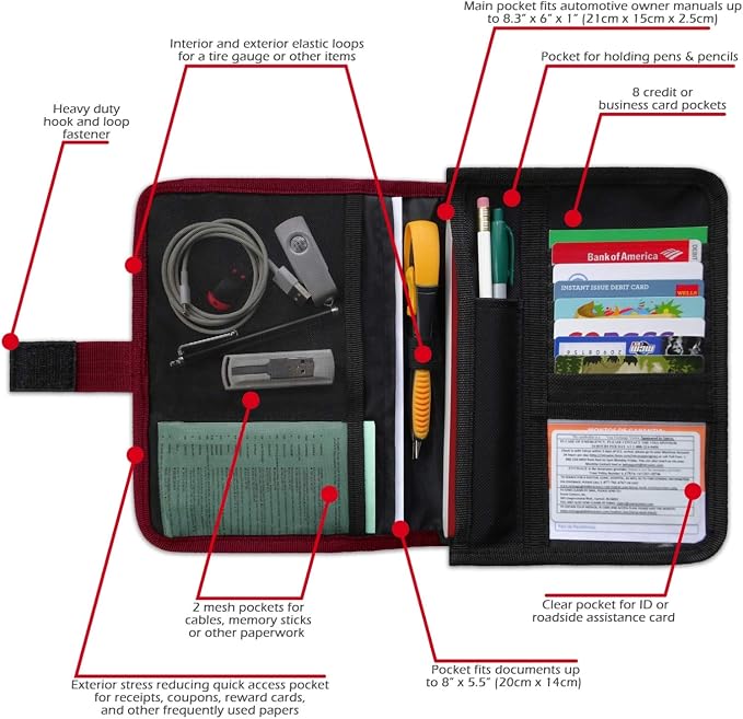 PlusXpres Glove Box Compartment Organizer - Car Document Holder - Red | Owner Manual Case Pouch, Vehicle Storage Wallet for Registration and Insurance Card, Auto Paperwork Holder, Log Book included