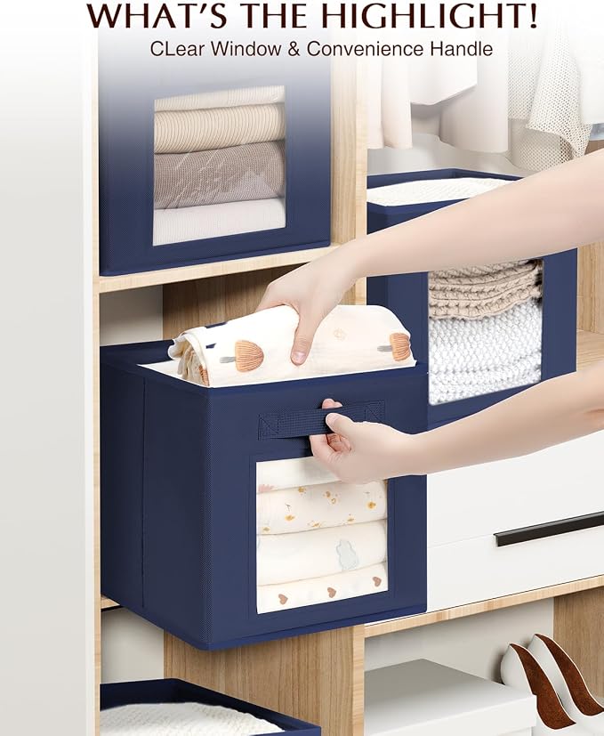 Homsorout Storage Cube 11 Inch - Cube Storage Bins with Window, Closet Storage Baskets with Handle, Fabric Bins for Closet, Shelves, Toys, Clothes, Set of 16, Navy Blue