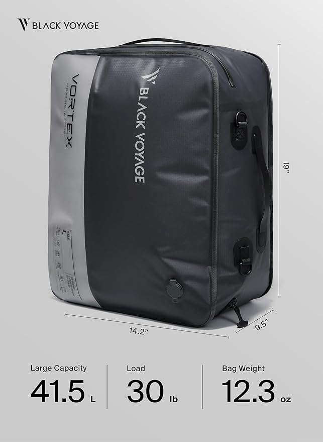 Black Voyage Reusable Vacuum Compression Travel Bag for Carry-On Suitcase and Backpack, Recycled IP67 Waterproof Space Saver Vacpack (2-Pack, 41L - No Pump)