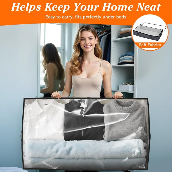 SpaceWhisper 90L Under Bed Storage Containers, 2-Pack Storage Bins with Clear Top, Foldable Closet Organizers and Storage with Label Holder for Clothing, Blankets, Comforter & Pillows (Grey)