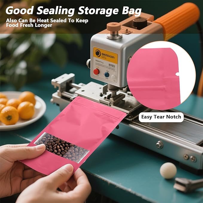 50PCS Foil Pouch Mylar Bags with Clear Window,ULIFESTAR Stand Up Sealable Bags with Tear Notches,Resealable for Food,Party Favors,Gift Packaging and Small Business(18 * 26cm/7.09 * 10.24",Pink)