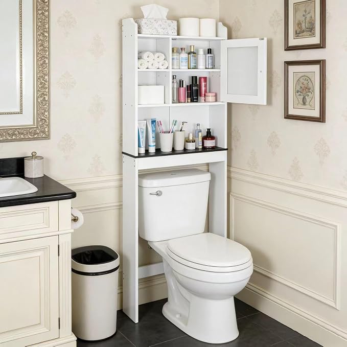 ZENY Over The Toilet Storage Cabinet, Bathroom Organizer with Adjustable Shelf and Double Doors, Freestanding Bathroom Space Saver Toilet Rack (White)
