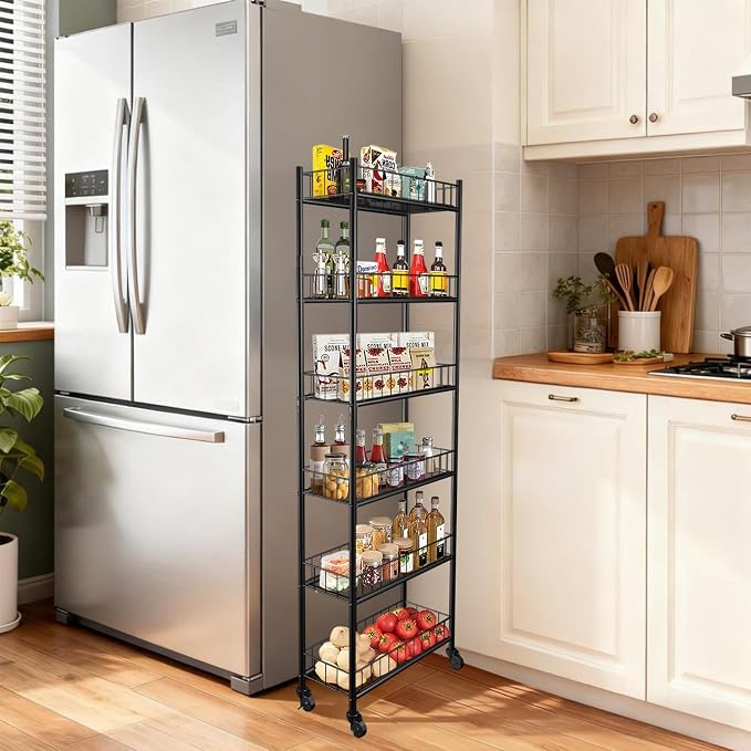 Utility Slim Storage Cart 6 Tier Narrow Metal Frame Carts | 6 Tier Narrow Kitchen Storage Cart,Laundry Room Carts, for Kitchen,DiningRoom,Living Room,Home Office,Classic Black