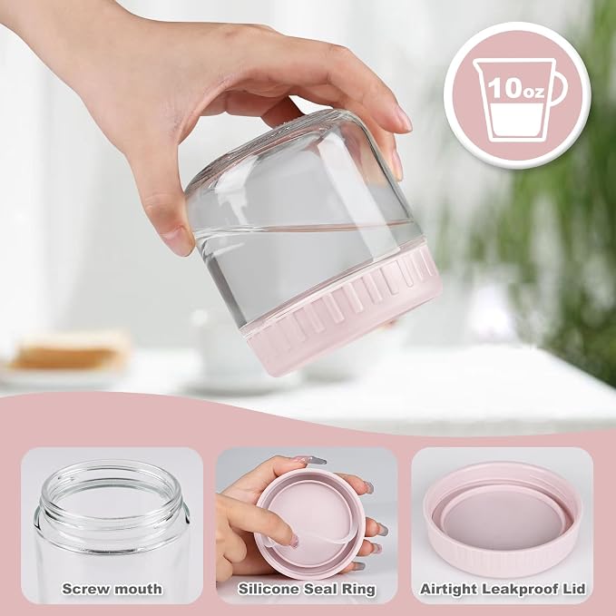 SHOWIN Overnight Oats Containers with Lids, 10oz Glass Jars with Lids 2 pcs, Pink, Wide Mouth Mason jars for Salad, Yogurt, Snacks, Meal Prep