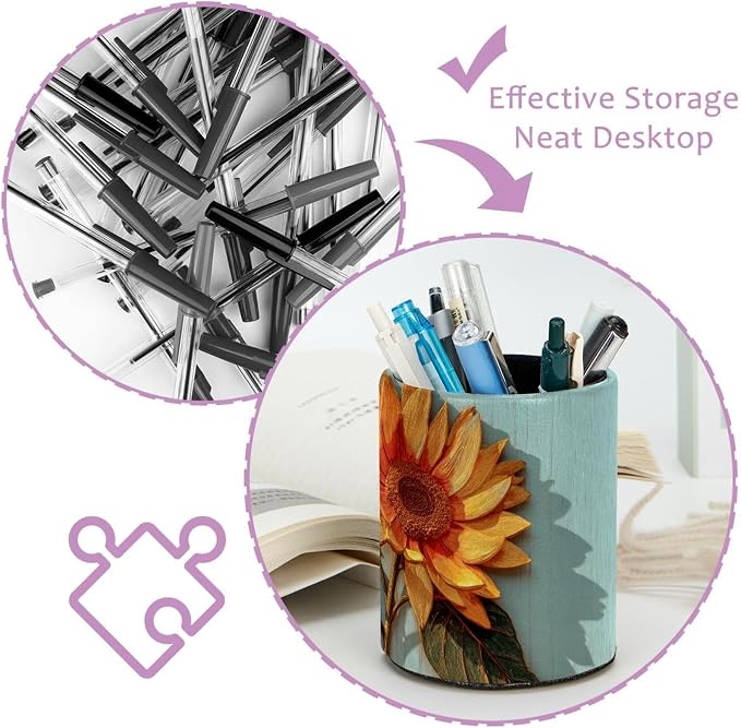 Faux Leather Pen Holder for Desk, Pencil Organizer Sunflower and Wooden Plank Pen Cup Desk Decor Makeup Brush Holder Storage for Office Home