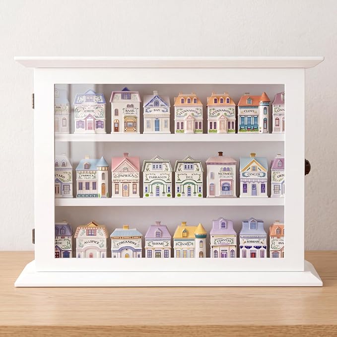 Chunful Vintage Spice Jar Wooden Rack White with Door Spice Shelf for 24 Jars, Village Style Wall Mounting Kitchen Storage Decorative Hanging Display Rack, Shelf Only(19.09 x 14.57 Inches)