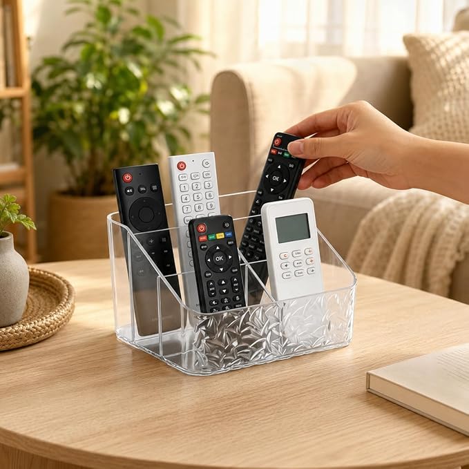 Remote Control Holder, Clear Desk Organizer with 4 Slots, Remote Caddy for TV Remotes, Streaming Devices, Controller Holder, Nightstand Organizer for Bedroom, Living Room, Office and Tabletop Use