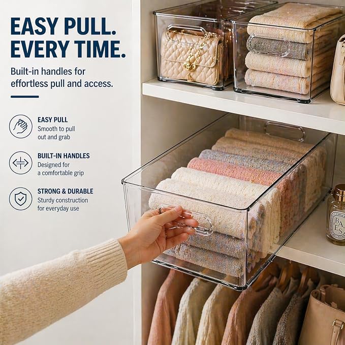 MOONEDGE 4 Pack Clear Plastic Storage Bins 11x8x6in Storage Containers | Drawer Organizer with Handles, Clear Bins for Organizing, Pantry, Kitchen, Fridge, Bath, Cabinet, Closet Shelf, Under-Sink