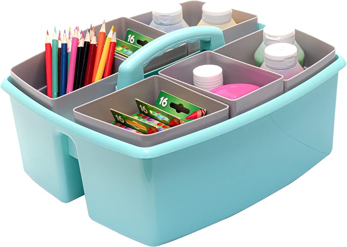 Storex Large Classroom Craft Caddy with Cups, 13 x 11 x 6.575 Inches, Teal, Case of 2 (00984A02C)