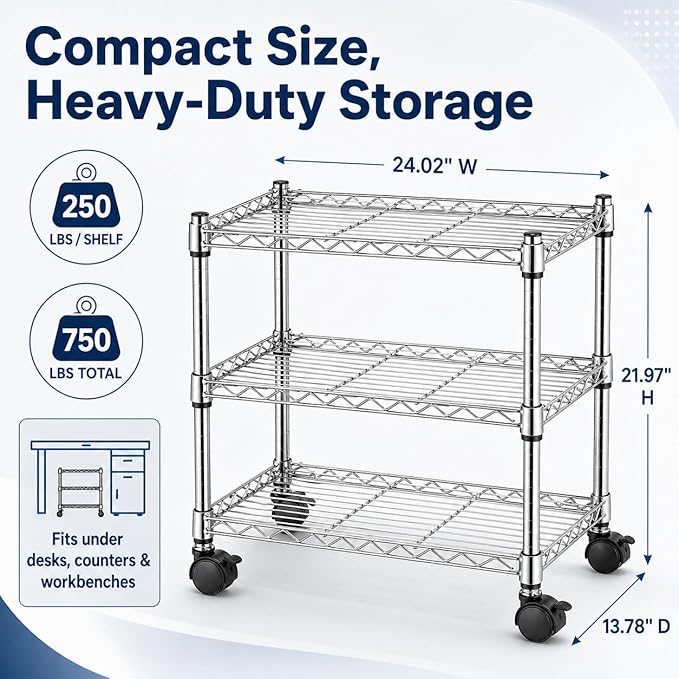 Simple Deluxe 3-Tier Storage Shelves, 750 Lbs Loading Capacity, 24.02" W x 13.78" D x 21.97" H Shelving Unit for Garage, Pantry and Kitchen, Chrome
