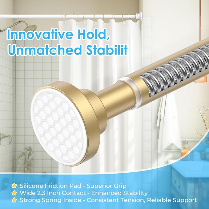 AIZESI Gold Shower Curtain Rod, Adjustable 42-74 Inch Shower Rod, 1" Diameter Tension Shower Curtain Rod No Drilling, Anti-Slip, Anti-Rust