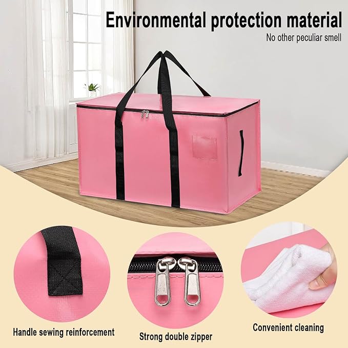 4 Pack Large Moving Bags with Zippers & Carrying Handles, Heavy Duty Storage Tote Moving Boxes ，Space Saving (Pink, 4 Pack)
