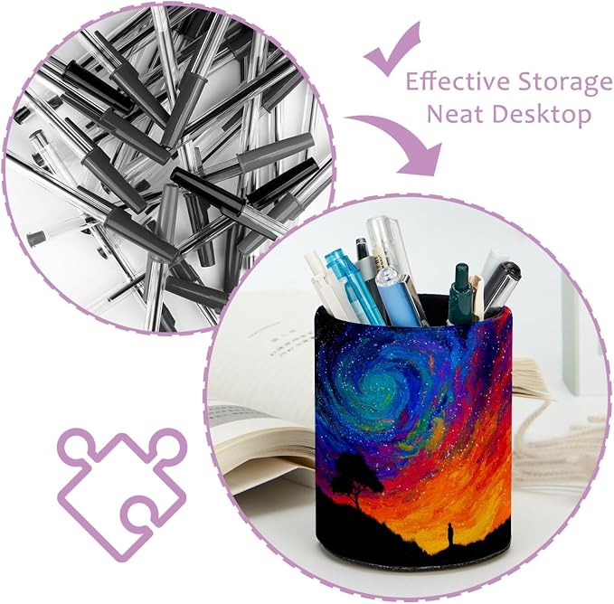 Blue and Red Abstract Sky Pen Holder Pencil Organizer for Desk, 3.1” x 3.1” x 3.9” Pencil Cup Office Supplies, Large Capacity Cute Pen and Makeup Brush Holder for Home, School, Desktop