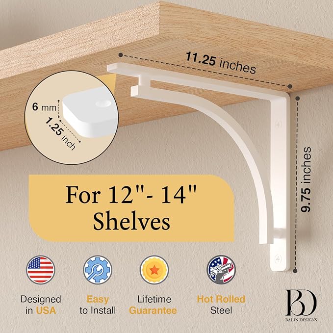 Classic White Heavy Duty Shelf Brackets 12 inch by Balin Designs – L Bracket, Wall Mounted Support, Shelving Metal Bracket, Decorative Shelf Brackets, with Hardware Included, Set of 2