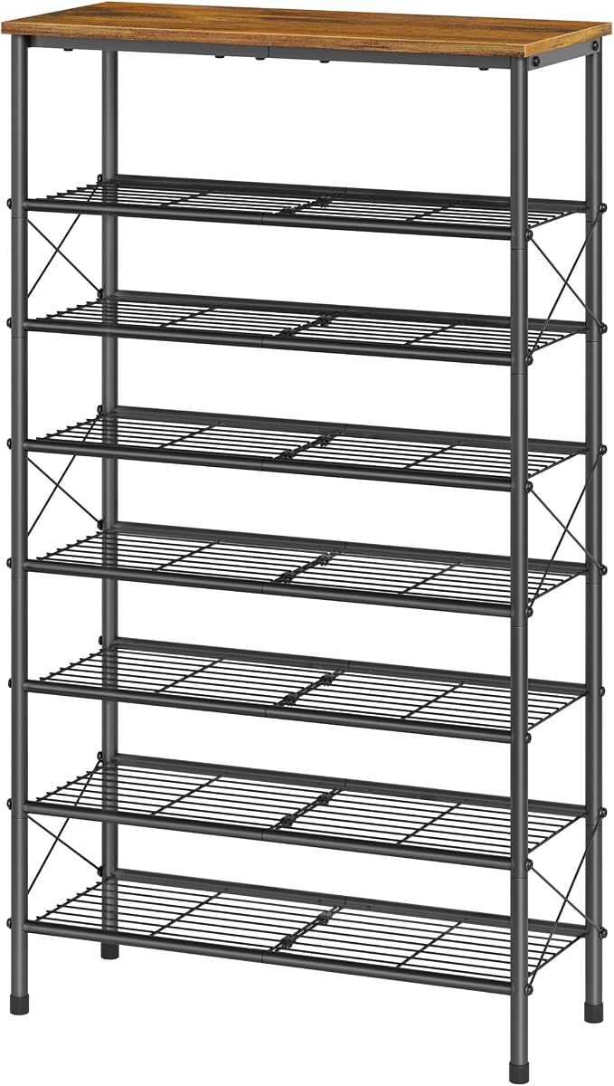 Tajsoon 8 Tier Shoe Rack Organizer for 28-32 Pairs of Shoes, Metal Mesh Shoe Shelf for Closet, Industrial Shoe Rack for Entryway Shoe Storage with X Shape Fixed Frame, Rustic Brown & Black