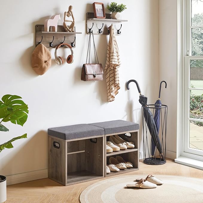 YMYNY Small Shoe Storage Bench with Cushion, Silver Gray, HBD028Y | 2 Tier Entryway Bench with Storage, Small Shoe Rack Bench with Adjustable Shelf for Entryway 11 x 15.3 x 16.5 Inches