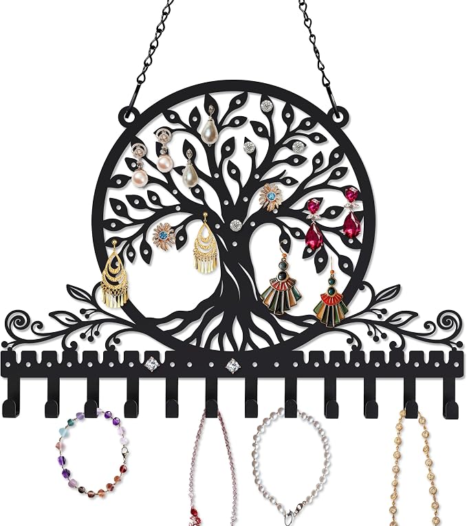 Personalized Tree of Life Wall Mounted Jewelry Organizer Metal Earring Holder Necklace Display Rack Decorative Jewelry Storage Hanger Space Saving Wall Decor for Bedroom Vanity Room Gift for Women