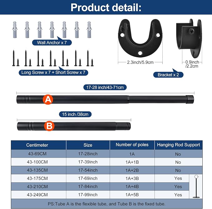 Adjustable Closet Rod for Hanging Clothes, 17-39inch Heavy Duty Metal tension clothes rod，1.3Inches Closet Pole with Hardware Kit for Closet Organization Laundry Room RV, Black