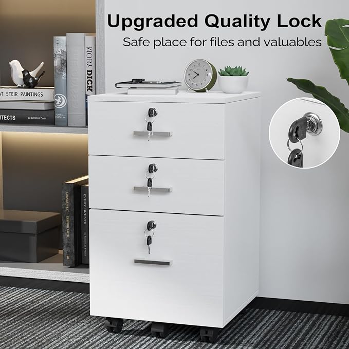 VINGLI 3-Drawer File Cabinet with Lock, Wood Rolling Filing Cabinets for Home Office, Mobile Printer Stand, Under Desk File Organizer for Letter Sized Files, 26" H(Caster Included), White