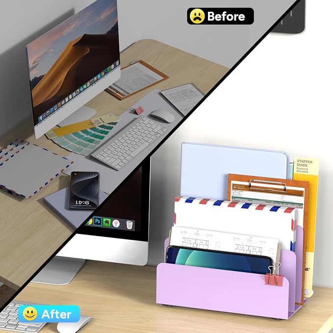 Mail Organizer Countertop, Small Desk File Organizer, Metal File Holder - Essential Workspace Organizers for Office Desk, Home Office (Purple)