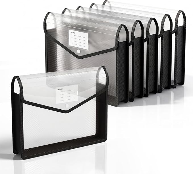 6 Pack Plastic Expanding File Folder, Black File Folder Organizer | Folders for Documents with Snap Closure, Transparent Accordion File Pouch, No Dividers, Large Capacity, Fit Letter/A4 Size