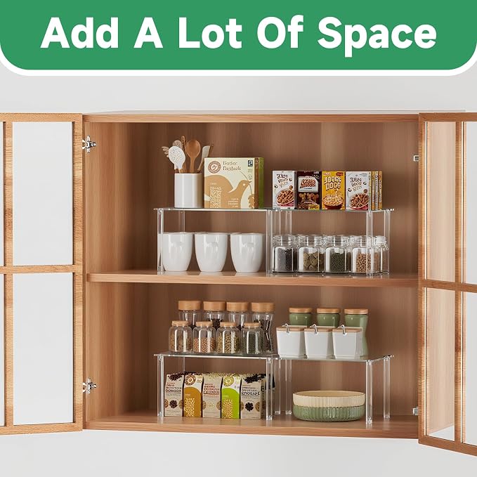 Acrylic Cabinet Organizer, Clear Cabinet Organizer Shelf, Stackable, Expandable, Spice Rack, Adjustable Counter Shelf for Makeup, Bathroom, Cupboard, Desk, Kitchen Pantry Organization (Clear-4PACK)