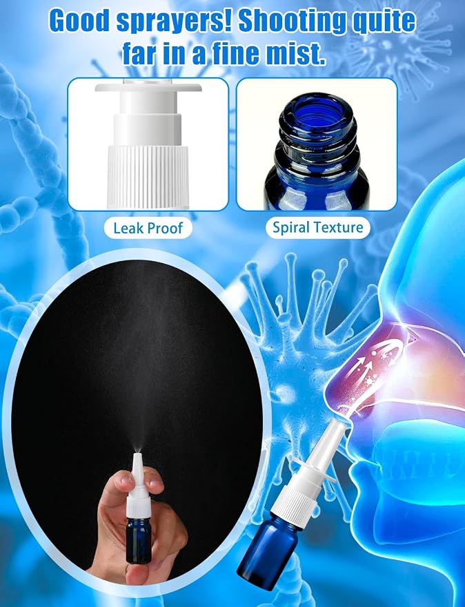 20 Pcs Nasal Spray Bottle, 5ML/0.17OZ 12 Pcs Blue Glass Refillable Nasal Spray Bottles Empty with 4 Funnels and 4 Labels