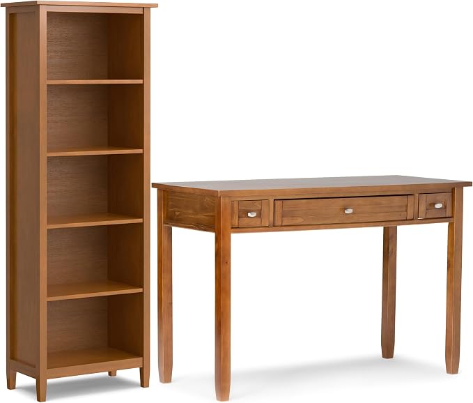 SIMPLIHOME Warm Shaker Desk and Bookcase Bundle - 48 inch Wide Solid Wood Transitional Desk with Drawers and 26 inch Wide 5-Shelf Bookcase in Light Golden Brown, Home Office Furniture (Set of 2)