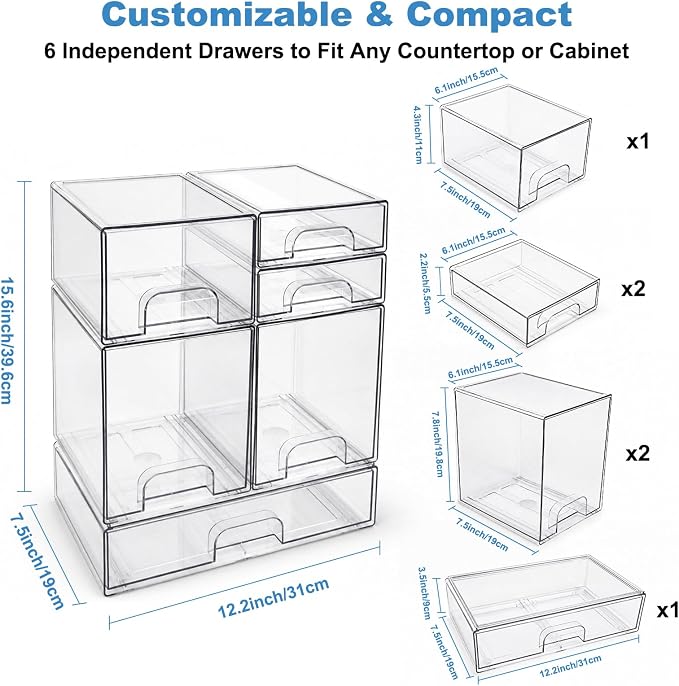 Clear Baby Bottle Organizer, 6-Piece Modular Stackable Acrylic Bins Set | BPA-Free Heavy-Duty Acrylic; Fits Breast Pump Parts, Nipples & Pacifiers; Space-Saving Nursery Cabinet & Drawer Organizer