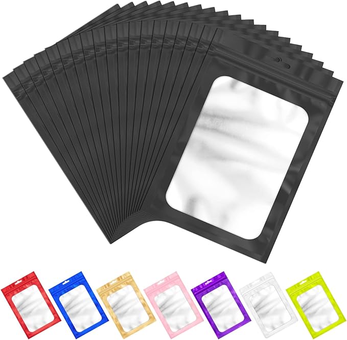 100 PCS Resealable Mylar Bags with Zipper and Frosted Clear Window Packaging Bags Foil Pouch Zip Bag for Food Self Sealing Storage Supplies (Black, 4.72x7.1)