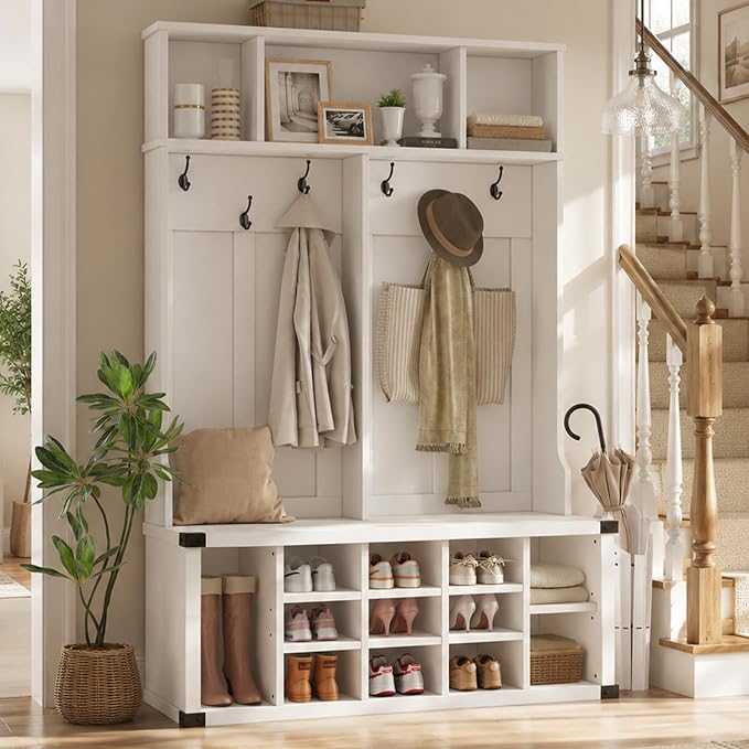 Garvee Farmhouse Entryway Hall Tree with Bench, Shoe Storage & Coat Rack | Large 5-in-1 Mudroom Storage w/ 6 Tri-Hooks & Seating, 13 Cubbies & Adjustable Shelf, Metal Corner Protctor, White
