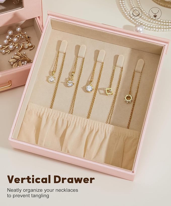 Homde Display Jewelry Box for Girls: Starter Organizer with Clear Window | Vertical Drawers for Earrings Rings Necklaces - Compact Footprint Fits Small Vanities - Birthday&Graduation Gift for Teens