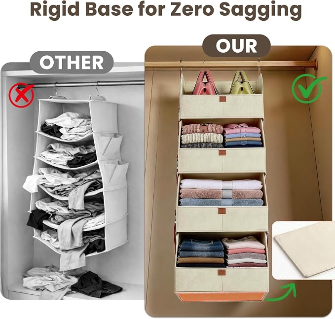 4-Tier Modular Sturdy Hanging Closet Organizer, Heavy-Duty Detachable Clothes Hanging Shelves with Reinforced Zippers and 8 Durable Hooks, Hanging Camper Organizer for Bedroom, RV, Nursery