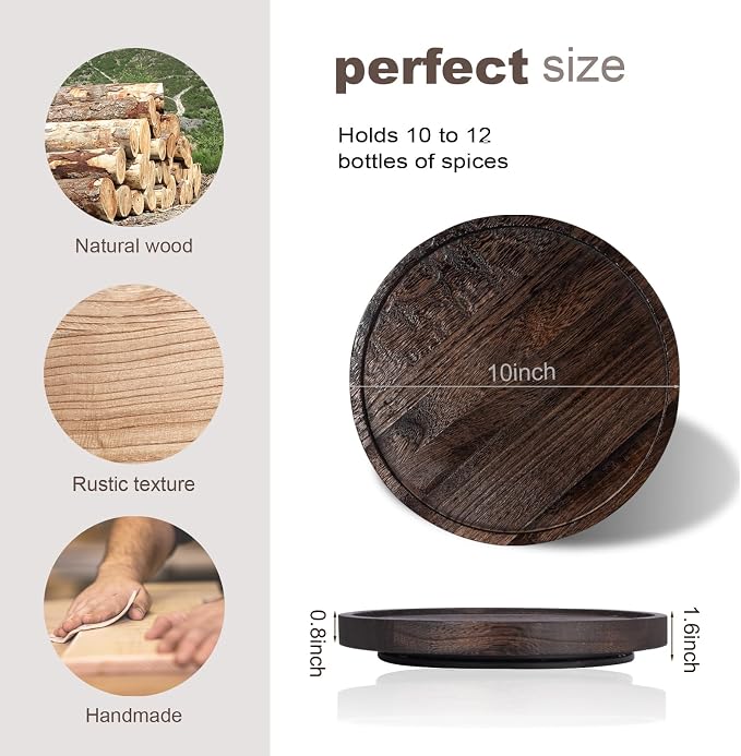 Wood Lazy Susan Turntable Kitchen Decor Round Table Tray, 10" Dark Brown | waterpoof, East clean, Non-slip, Pantry Table Decorative Tray for condiment, spice