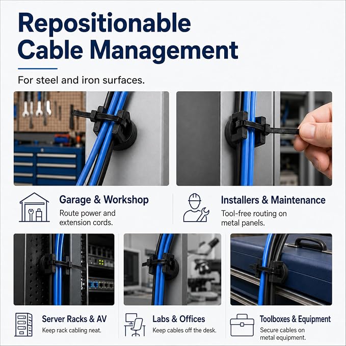 30 Pcs Magnetic Zip Tie Mounts with 200 Black Cable Ties, 22 mm Magnetic Cable Clips for Wire Management on Steel Cabinets, Racks and Ferrous Metal Surfaces