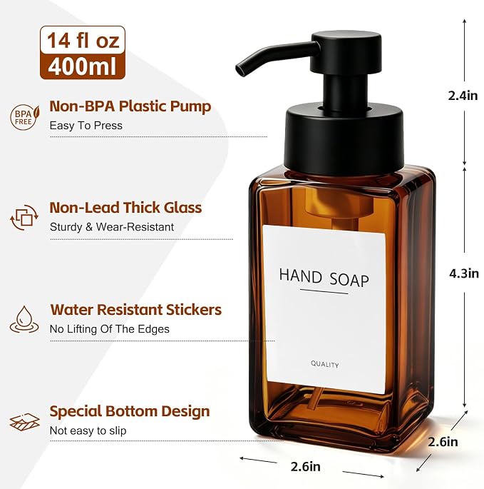 Foaming Hand Soap Dispenser, 12oz/350ml Glass Foaming Soap Dispenser, 2Pcs Foaming Soap Dispenser, Waterproof Labels, for Bathroom & Kitchen, Amber