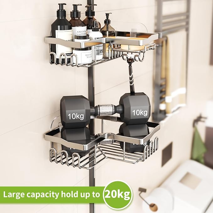 SWTYMIKI Shower Caddy Corner with Soap Holder, 2-Tier Stainless Steel Corner Shower Organizer with 11 Hooks, No Drilling & 6 Strong Adhesives Bathroom Shelf Organizer, Silver - 2 Tier