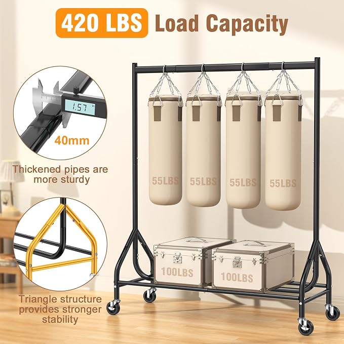 EAGMAK Heavy Duty Clothes Rack Load 420 LBS, 47.2" Long Rolling Garment Rack with Lockable Wheels, Standing Metal Clothing Hanger, Portable Wardrobe Sturdy Coat Organizer for Hanging Clothes (Black)