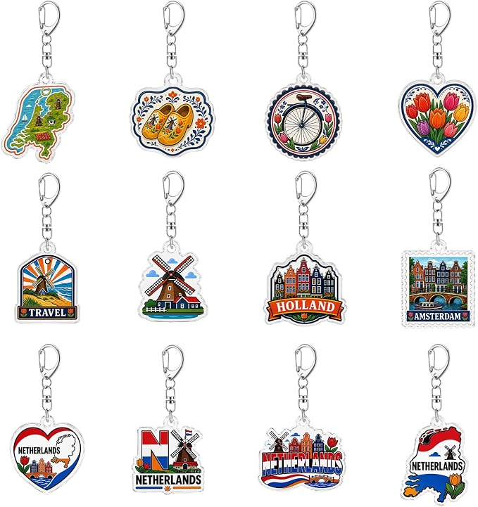 12Pcs Netherlands Keychain Souvenir Set Acrylic Holland Amsterdam Travel Key Ring Charms with Dutch Windmill Tulip Wooden Shoes Design Aesthetic Bag Pendant Party Favors Gift for Backpack Key Decor