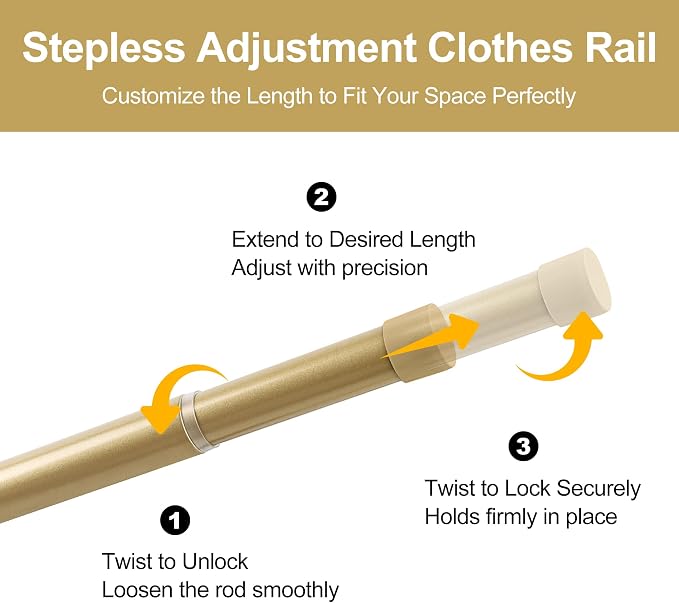 Adjustable Closet Rod for Hanging Clothes, 17-69inch Heavy Duty Metal tension clothes rod，1.3Inches Closet Pole with Hardware Kit for Closet Organization Laundry Room RV, Gold