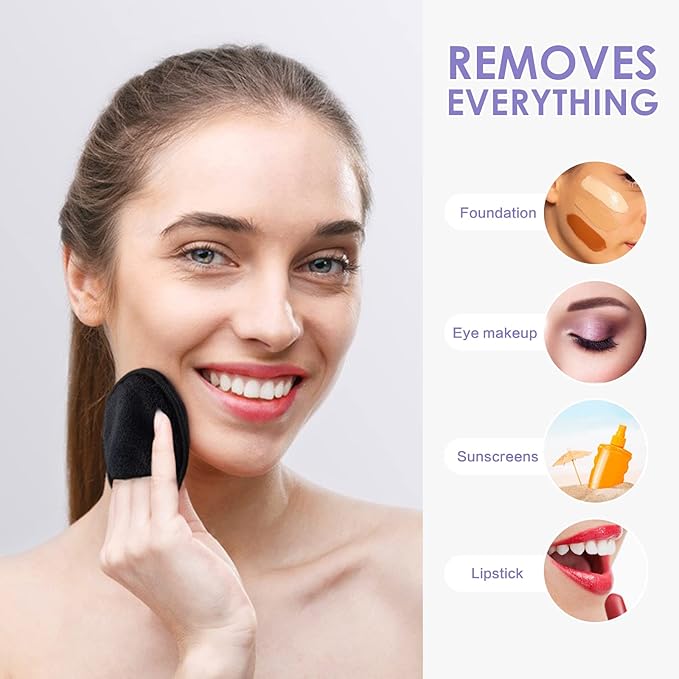 SUNLAND Reusable Makeup Remover Pads for Face,Eye,Lips 32 Pack Microfiber Face Cleansing Gloves Washable with Laundry Bag and Travel Bag Rounds Toner Pads（Round 3.15inchx32,Black）