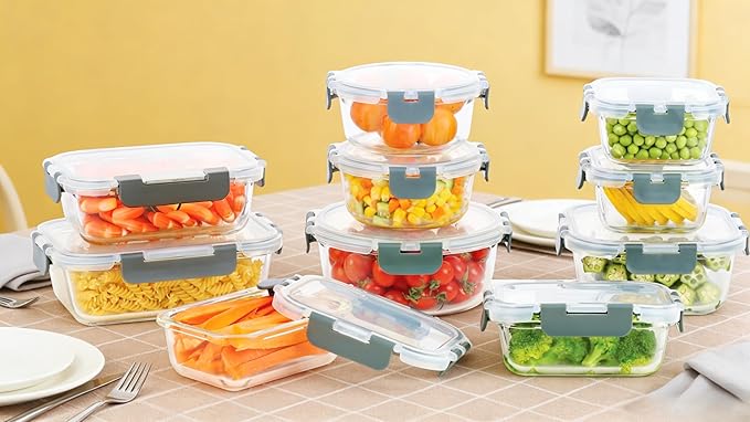 20-Piece Glass Food Storage Containers with Airtight Leakproof Lids - 10 Bowls & 10 Lids, BPA-Free Meal Prep Lunch Containers | Oven, Microwave, Freezer & Dishwasher Safe