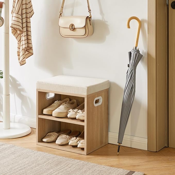 YMYNY Small Shoe Storage Bench with Cushion, Light Natural, HBD028R | 2 Tier Entryway Bench with Storage, Small Shoe Rack Bench with Adjustable Shelf for Entryway 11 x 15.3 x 16.5 Inches