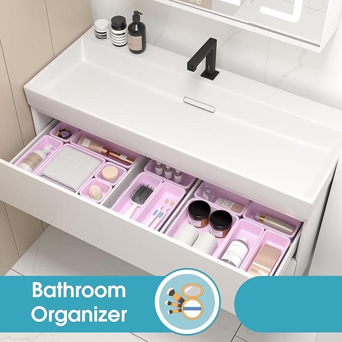 33 PCS Drawer Organizer Set, 4 Size Makeup Drawer Divider Organizer With Non-Slip Pads, Interlocking Plastic Storage Bins for Office,Jewelry Vanity,Gadgets, Bathroom,Kitchen, Purple