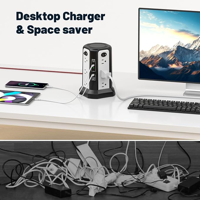 PASSUS PD65W USB C Fast Desktop Power Strip Surge Protector | Desktop Charging Station, 12 AC Outlets|4 USB C|1 USB A, 10FT Extension Cord with Overload Protection for Home Office Dorm