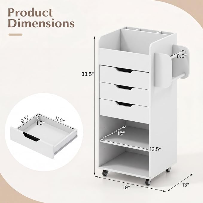 Tangkula Rolling Storage Cart, Wooden Drawer Cart with Drawers | Utility Storage Cart w/3 Shelves, Slots & Dowels, Mobile Organizer Cabinet on Wheels for Room Office Work Study