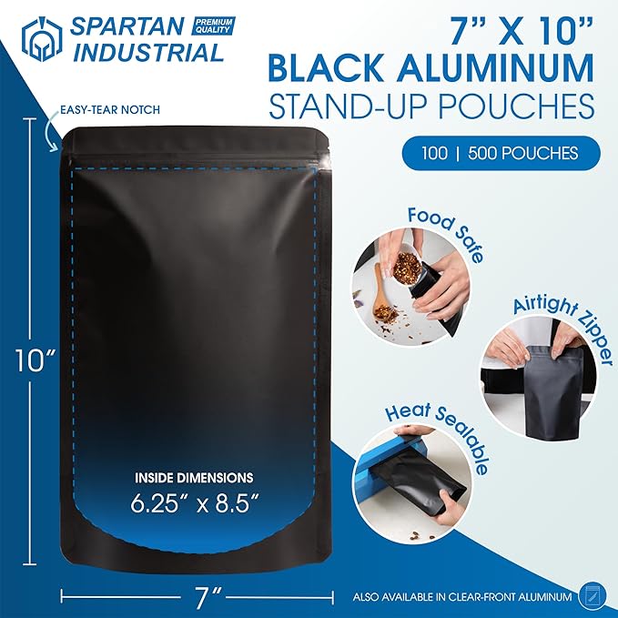 Spartan Industrial 7" X 10" Matte Black Stand-Up Pouches - 100 Count Smell-Proof Mylar Bags for Food Storage With Heat Sealable Opening and Resealable Zipper